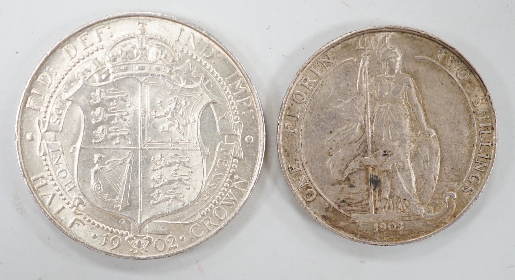 An Edward VII halfcrown 1902, GEF and 1903 Florin, VF